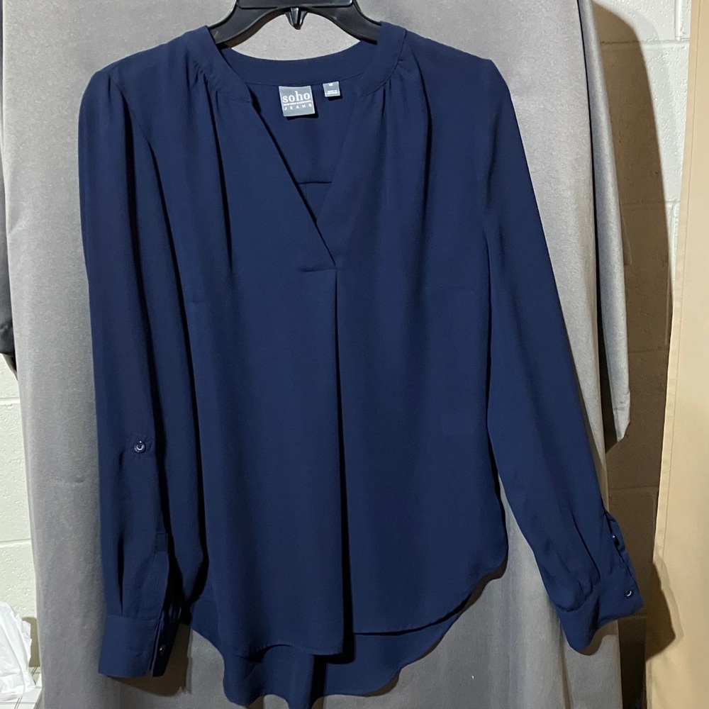 Soho Navy Long Sleeve V-Neck Blouse with Pleat Detail
